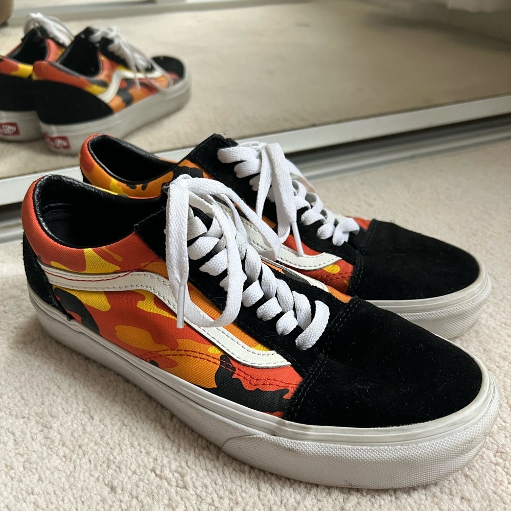 Vans Black and Orange Fire Camouflage Sneakers